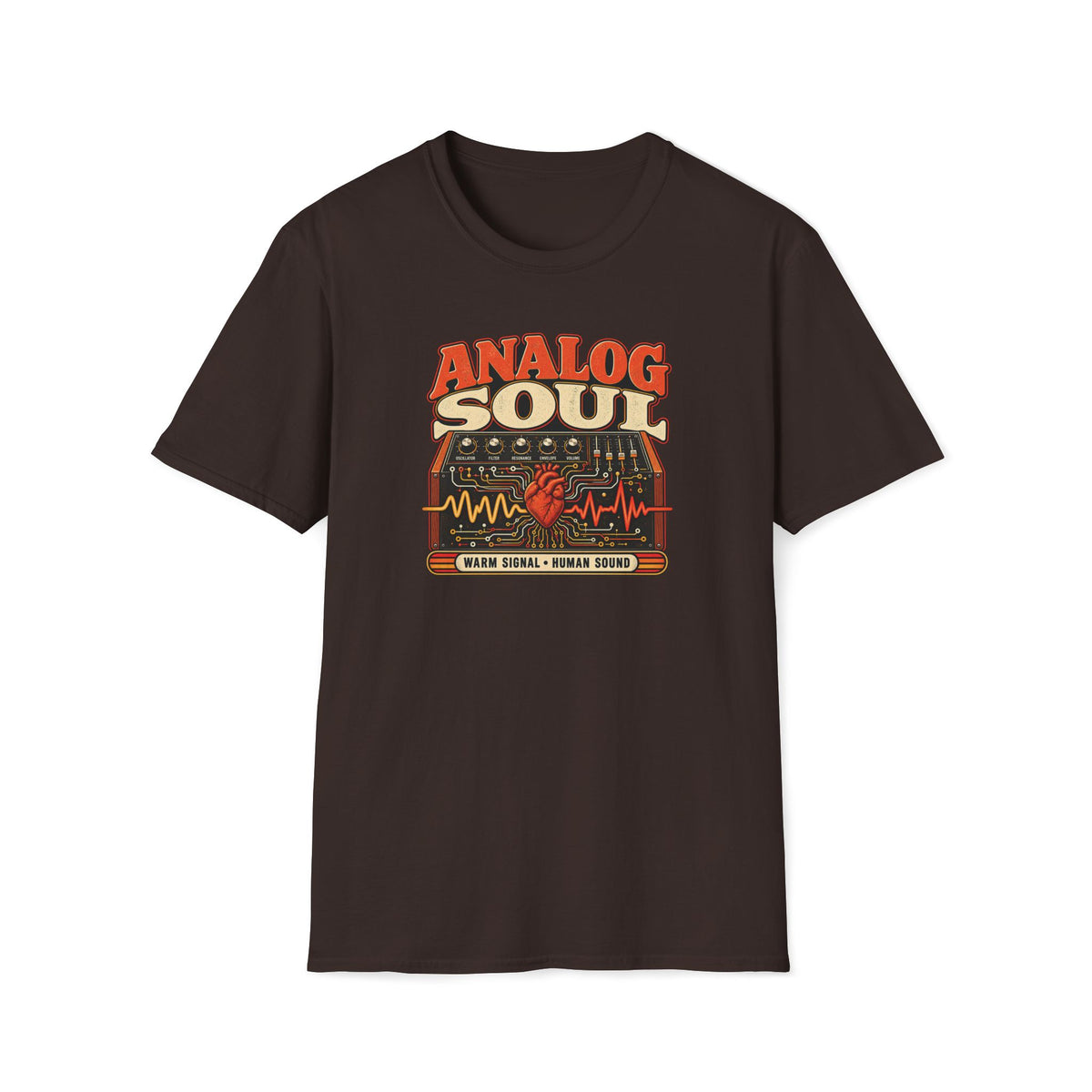 Dark brown Analog Soul T-shirt with a red heart within a synth control panel and circuitry.
