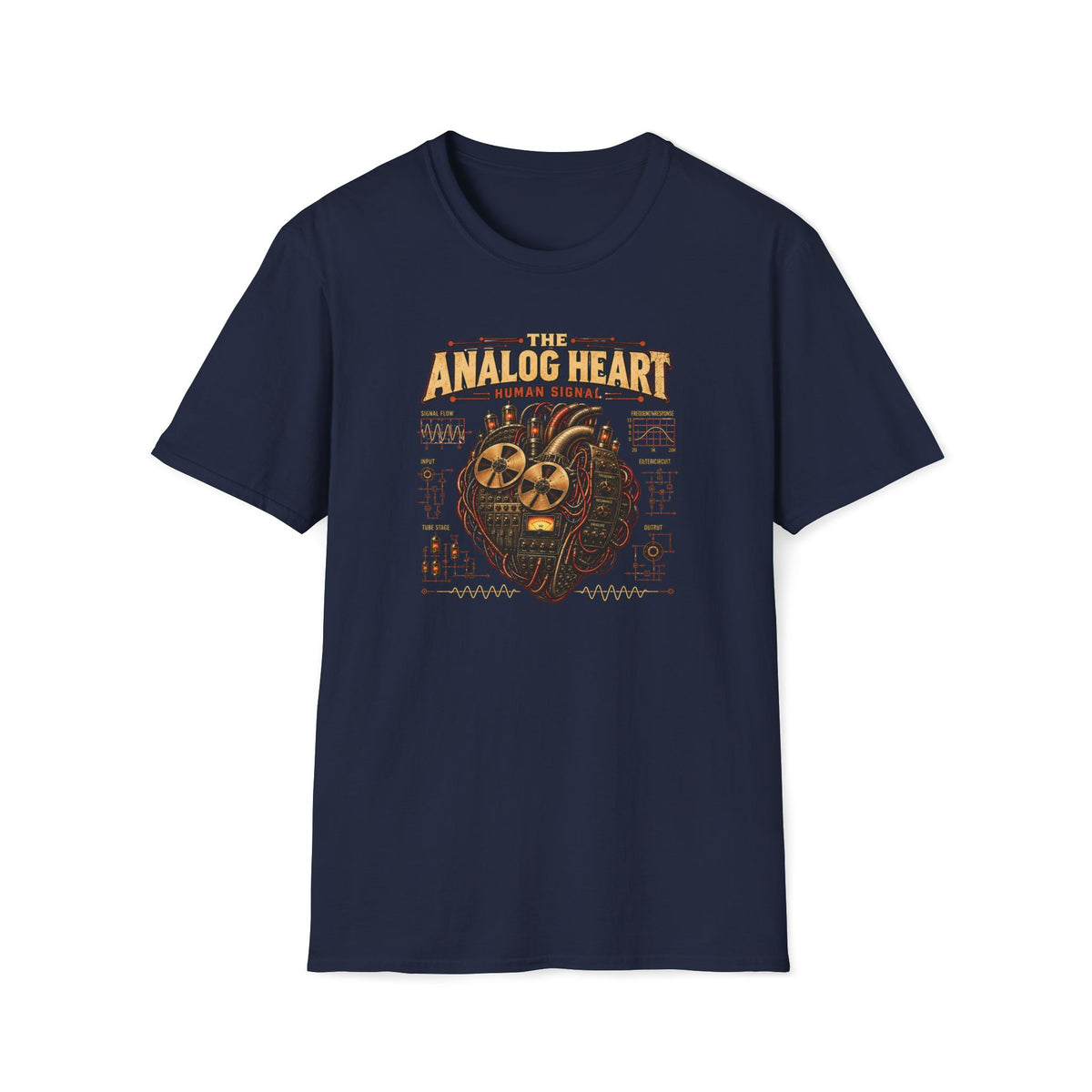 Navy The Analog Heart T-shirt with a mechanical heart built from tape reels and tubes.