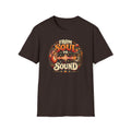 Dark brown From Soul to Sound T-shirt with a heart linked by a waveform to a vintage speaker.