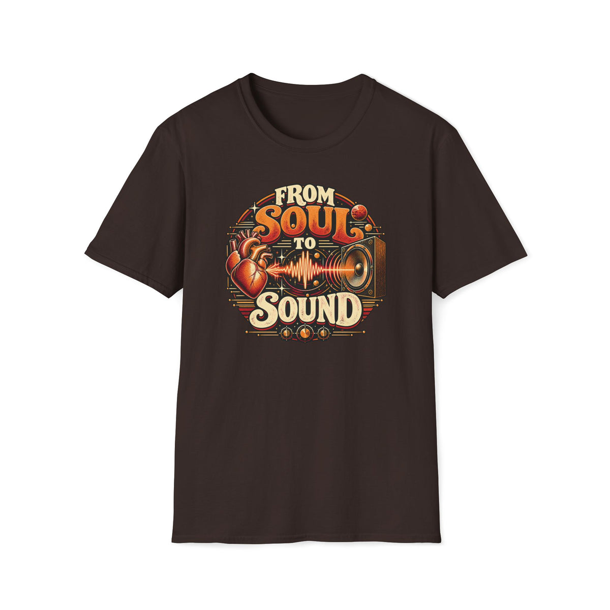 Dark brown From Soul to Sound T-shirt with a heart linked by a waveform to a vintage speaker.