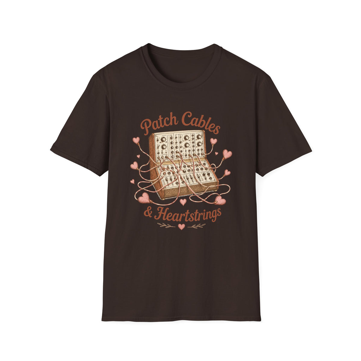 Dark brown Patch Cables & Heartstrings T-shirt with a modular synthesizer wrapped in heart-shaped cables.