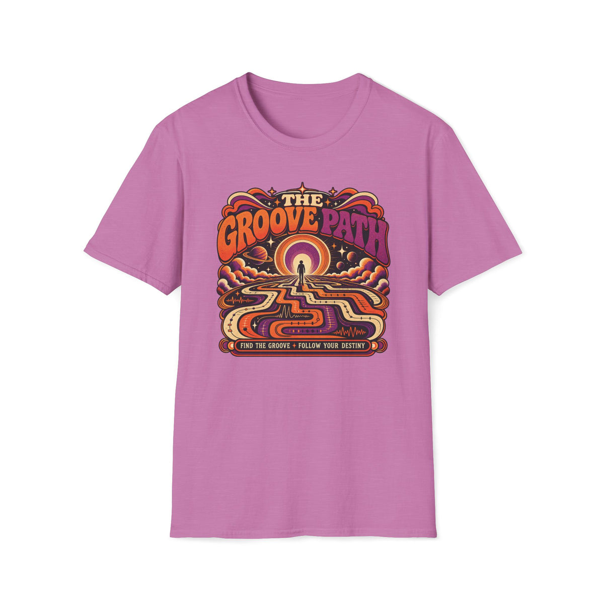 Heather radiant orchid The Groove Path T-shirt with a traveler on a winding waveform path toward a cosmic horizon.