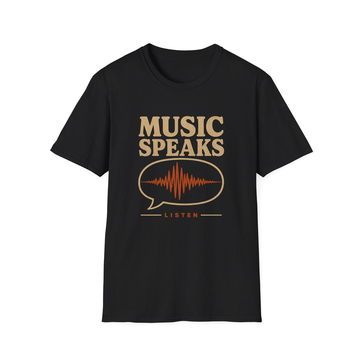 Black Music Speaks T-shirt with a waveform inside a speech bubble.