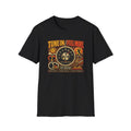 Black Tune In Feel More T-shirt with a vintage radio dial and music-themed symbols.