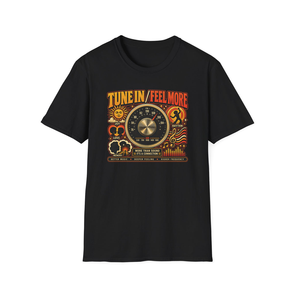 Black Tune In Feel More T-shirt with a vintage radio dial and music-themed symbols.