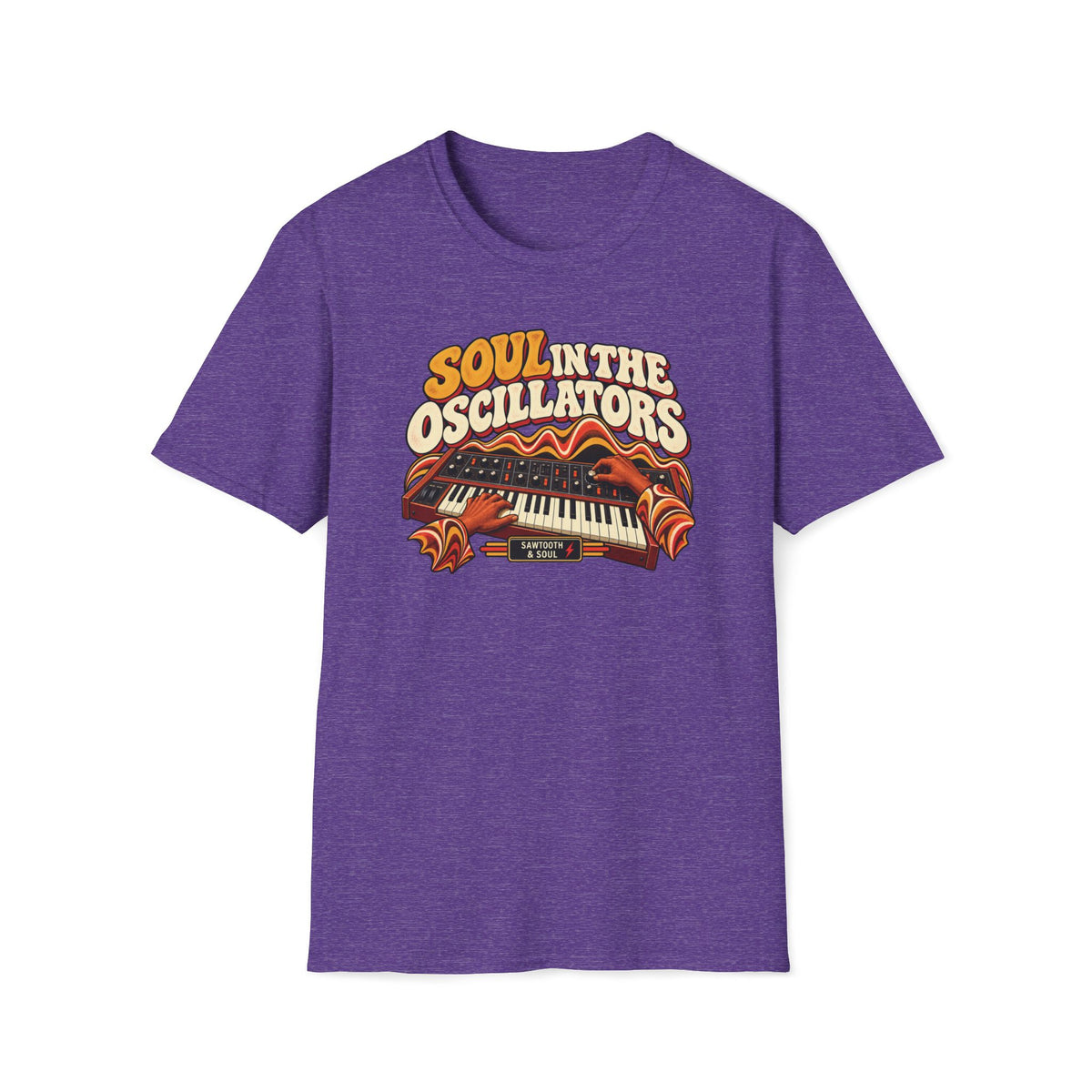 Heather purple Soul in the Oscillators T-shirt with hands playing and adjusting a vintage synthesizer.