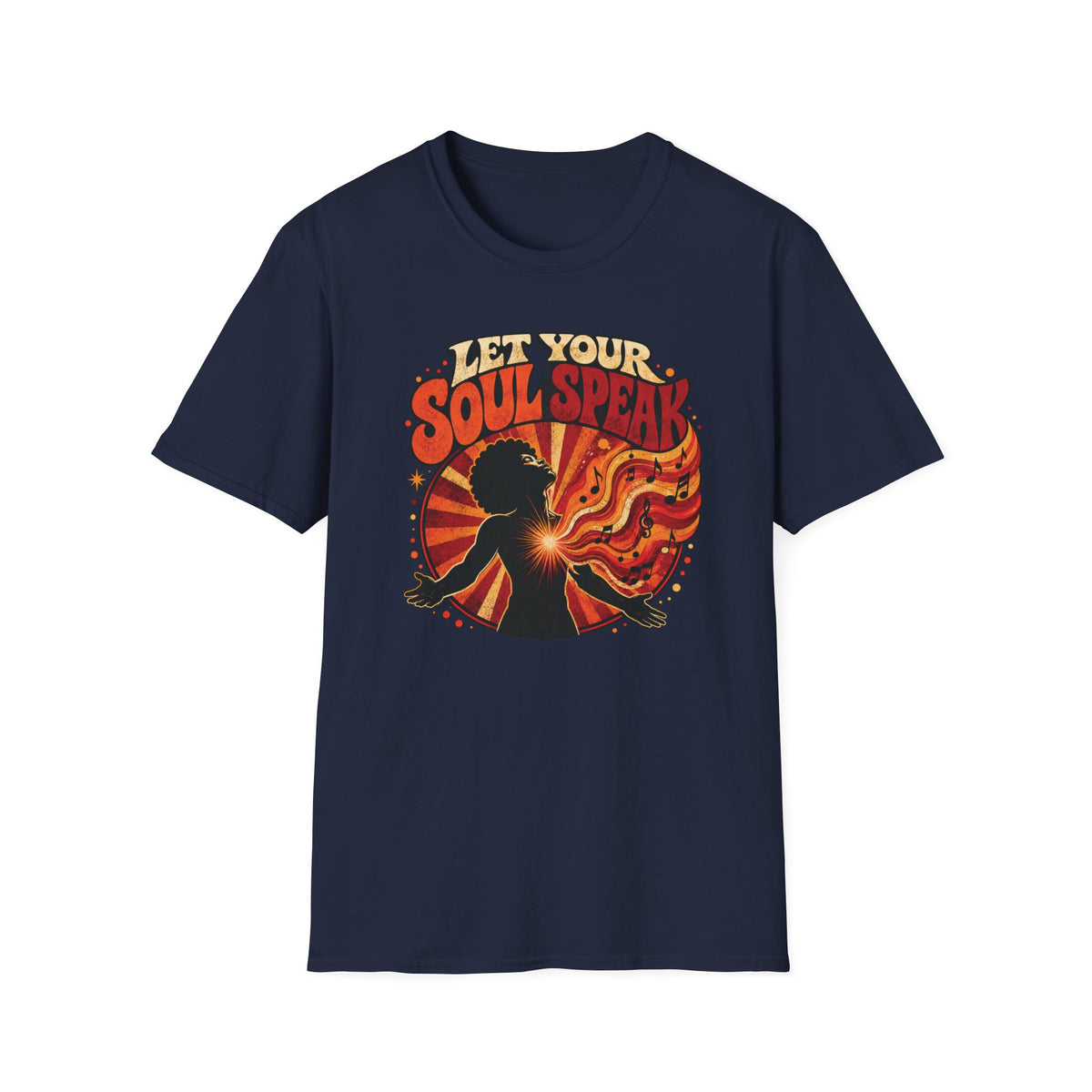 Navy Let Your Soul Speak T-shirt with a silhouette with a radiant heart and musical notes.
