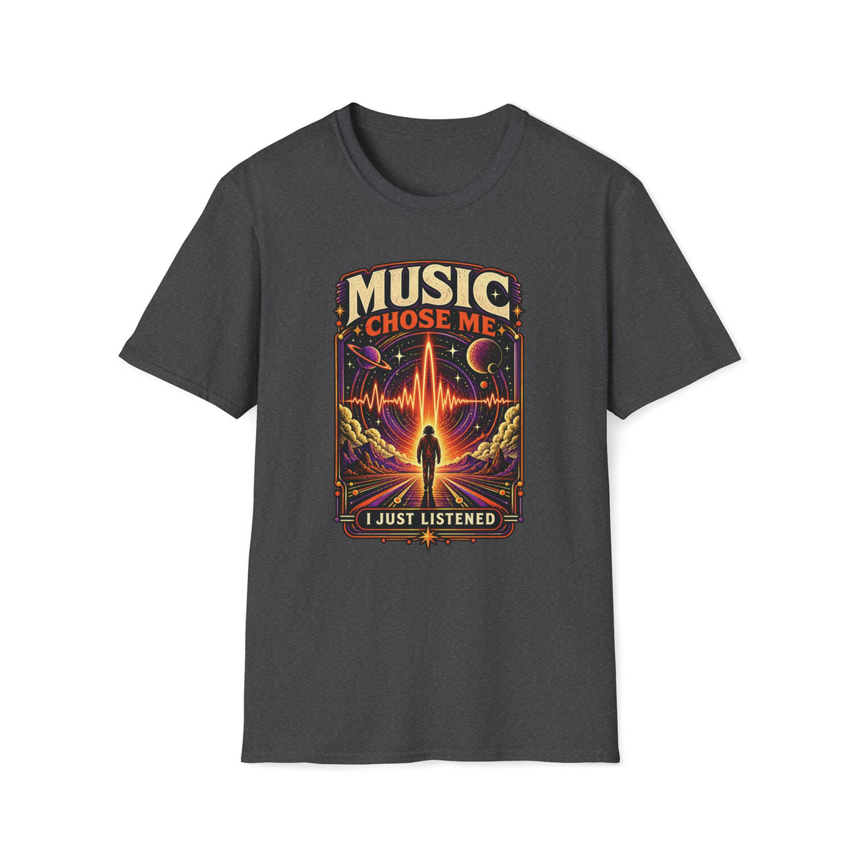 Dark heather gray Music Chose Me T-shirt with a figure walking toward a glowing cosmic waveform.