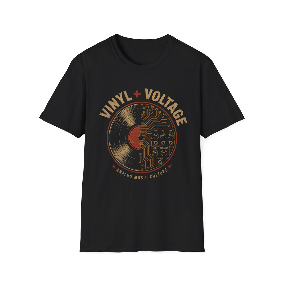 Black Vinyl + Voltage T-shirt with a vinyl record merged with synthesizer circuitry.