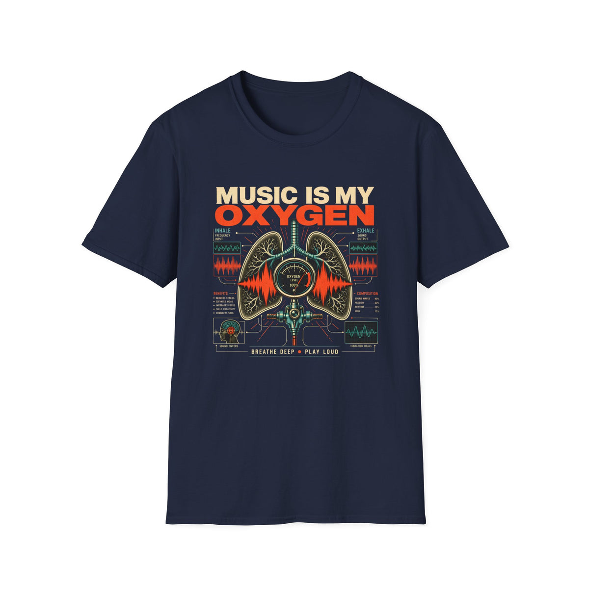 Navy Music Is My Oxygen T-shirt with anatomical lungs, waveforms, and vintage audio details.