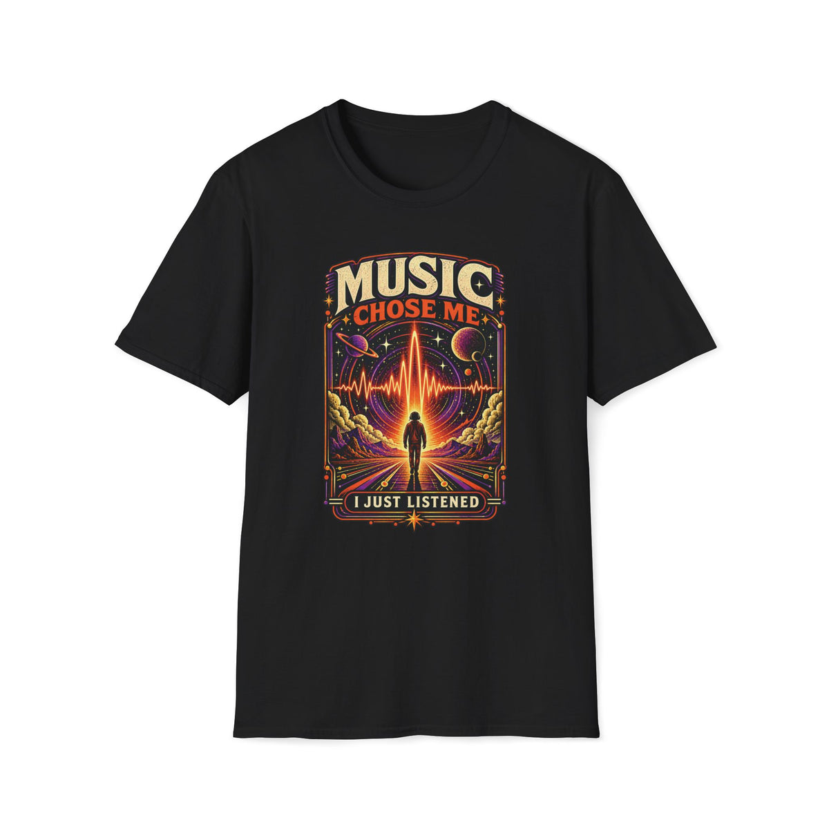 Black Music Chose Me T-shirt with a figure walking toward a glowing cosmic waveform.