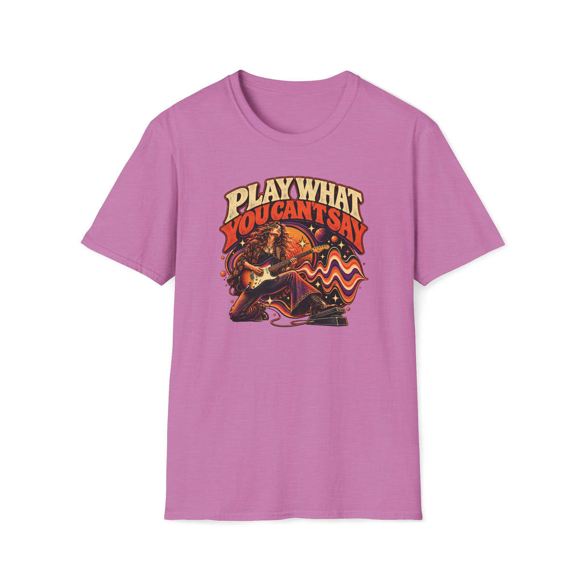 Heather radiant orchid Play What You Can't Say T-shirt with a woman guitarist using a wah pedal amid sound waves.