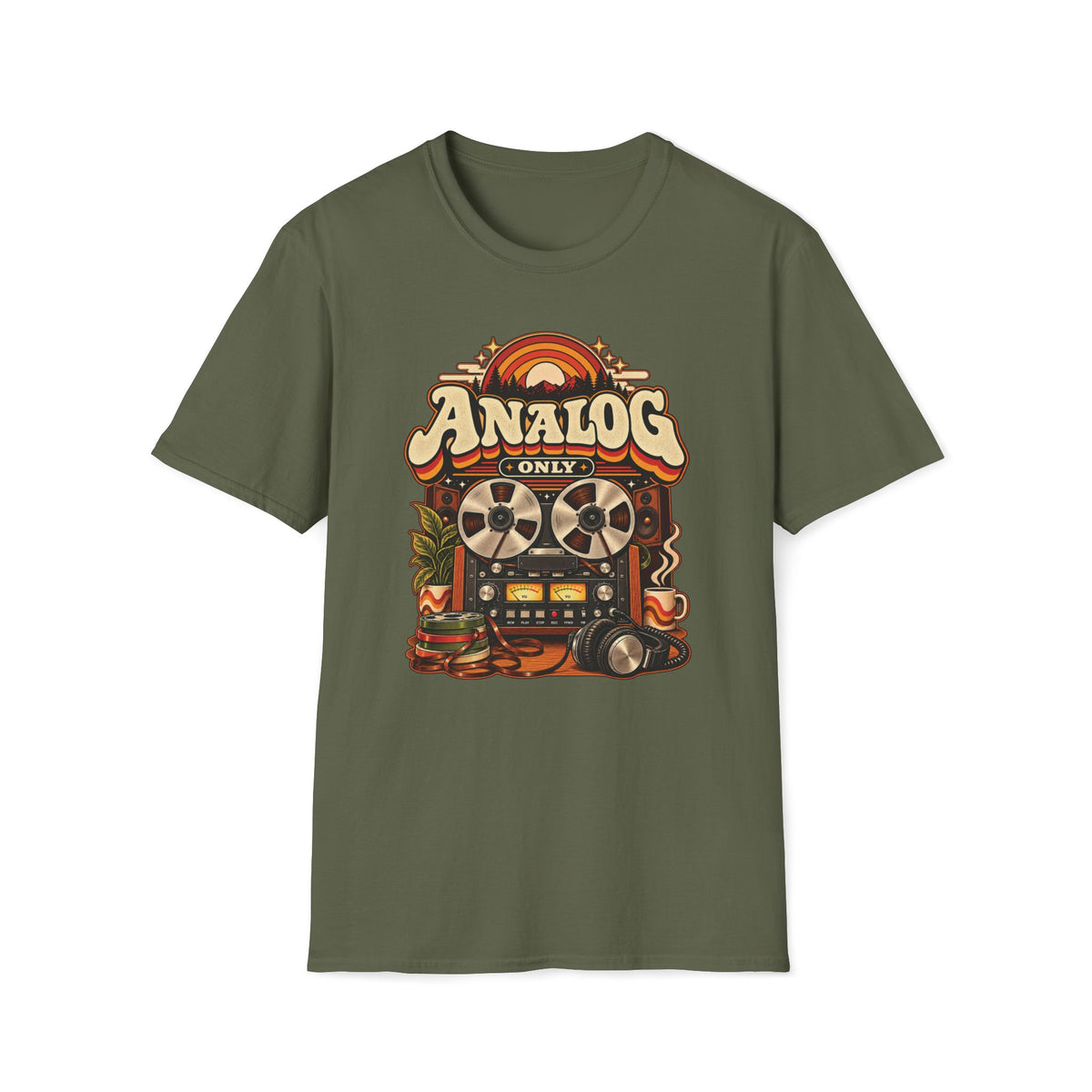 Military green Analog Only T-shirt with a reel-to-reel recorder, speakers, headphones, and coffee.