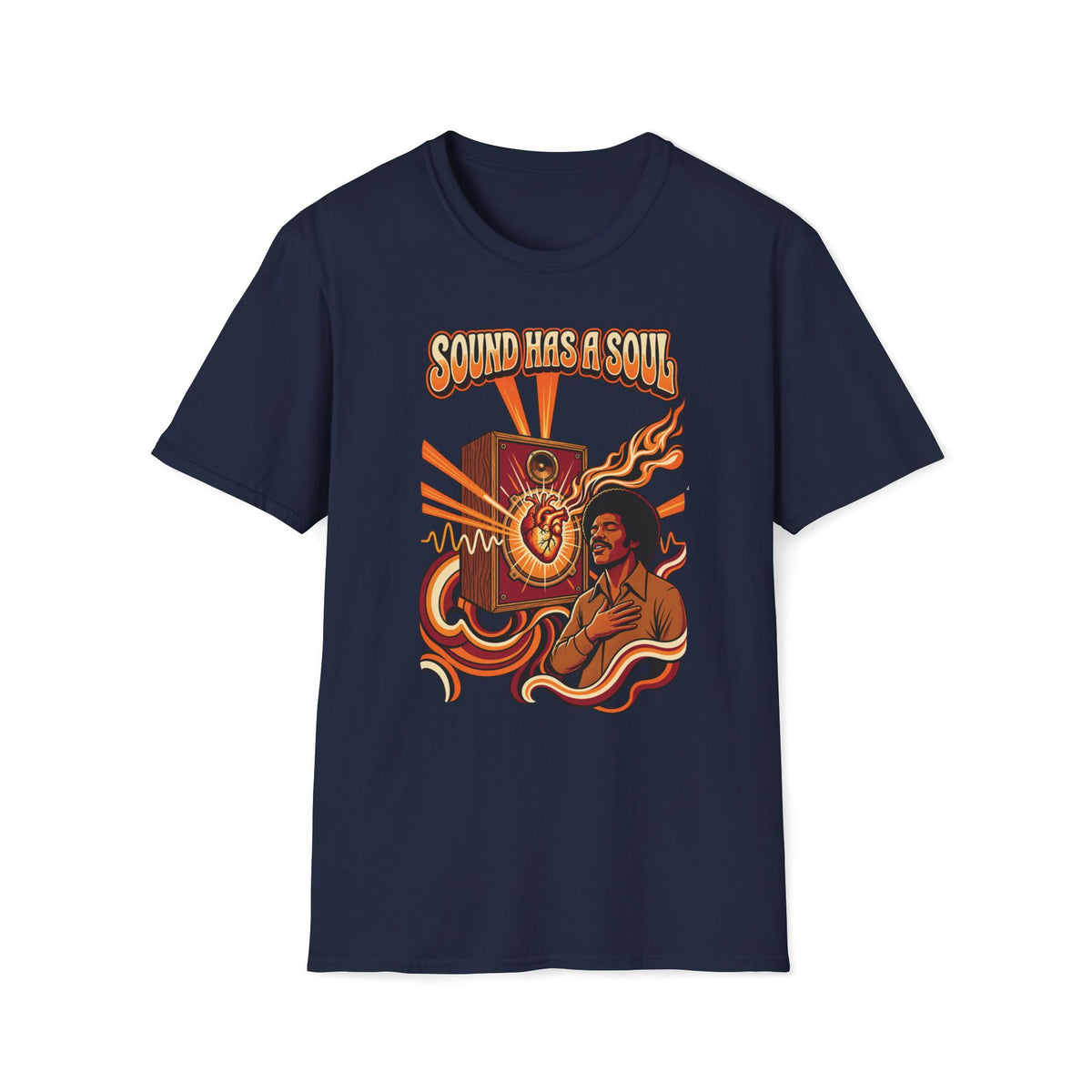 Navy Sound Has a Soul T-shirt with a speaker, heart, musician, and flowing sound waves.