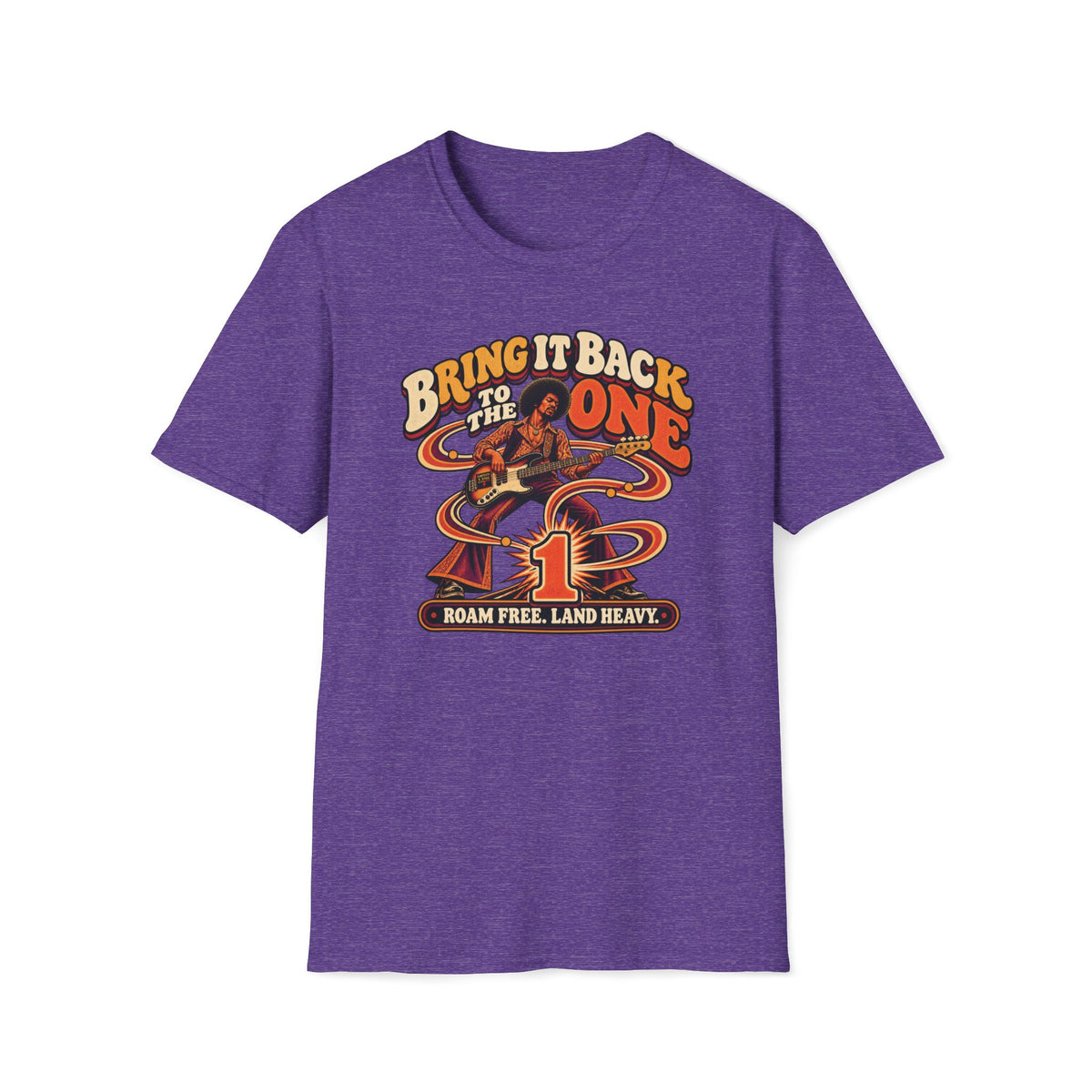 Heather purple Bring It Back to the One T-shirt with a bass player, flowing ribbons, and a large number one.