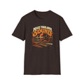 Dark brown Make Your Own Sound T-shirt with a musician working with synthesizers and patch cables.