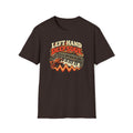 Dark brown Left Hand Deep Soul T-shirt with a hand playing synthesizer keys above a bass waveform.
