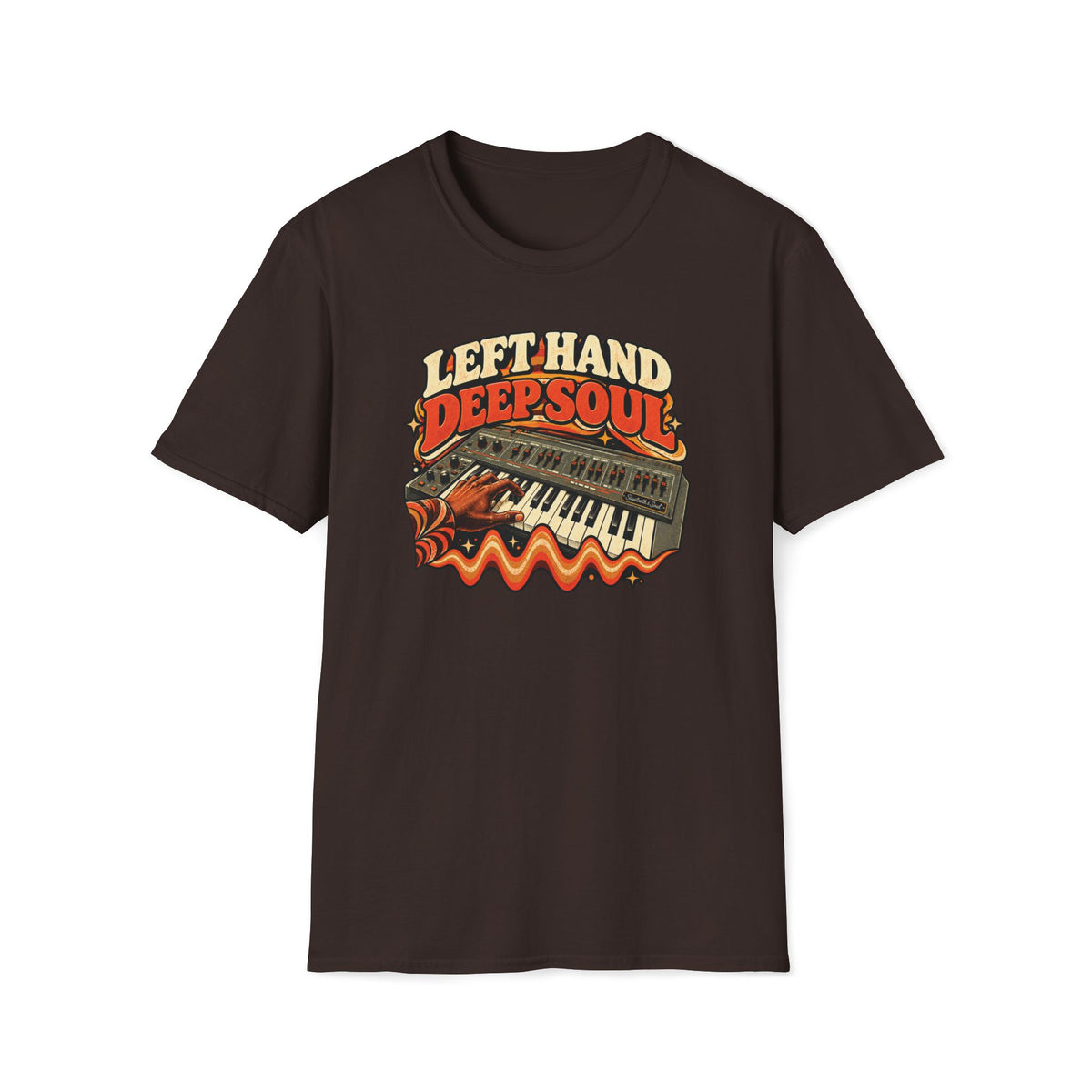 Dark brown Left Hand Deep Soul T-shirt with a hand playing synthesizer keys above a bass waveform.