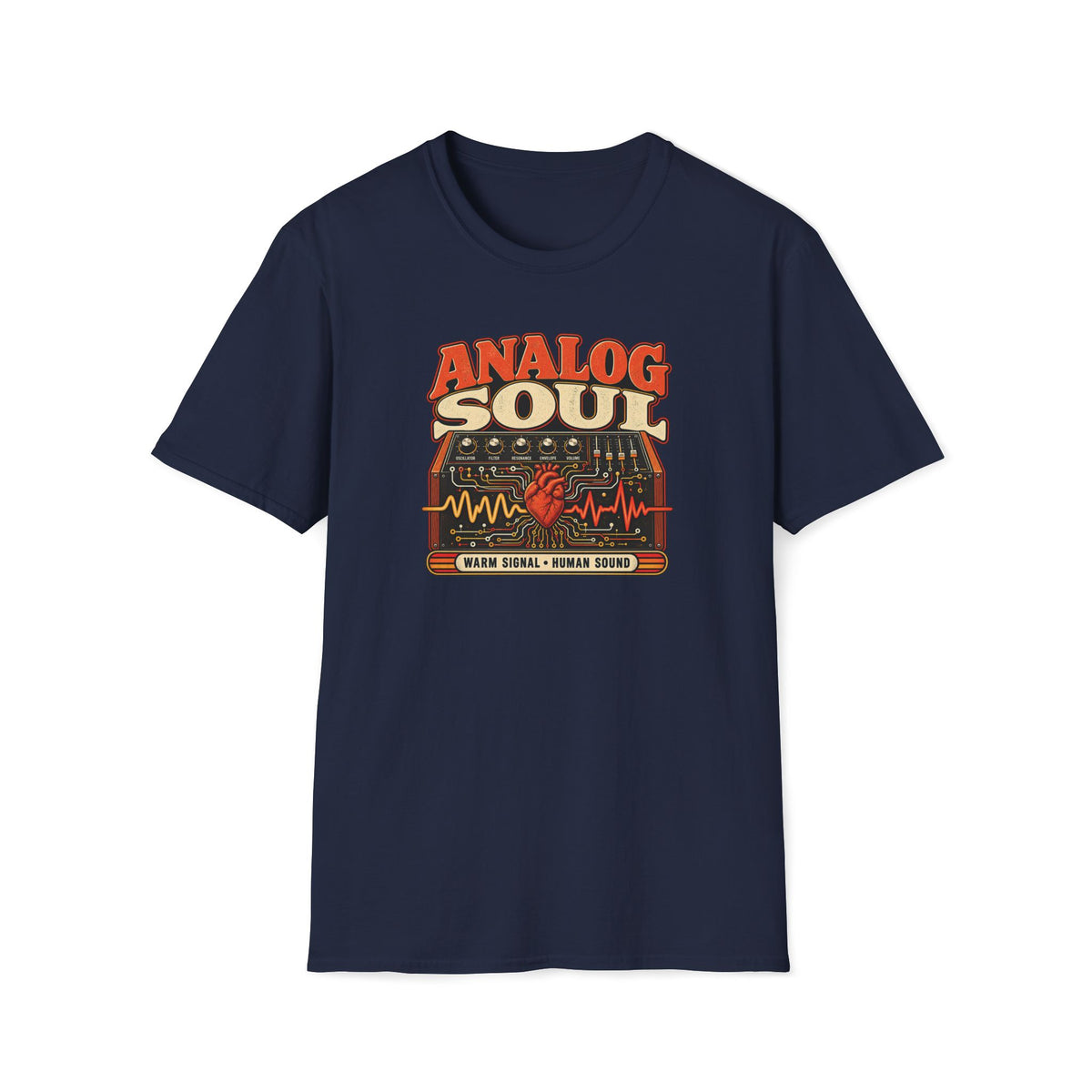 Navy Analog Soul T-shirt with a red heart within a synth control panel and circuitry.