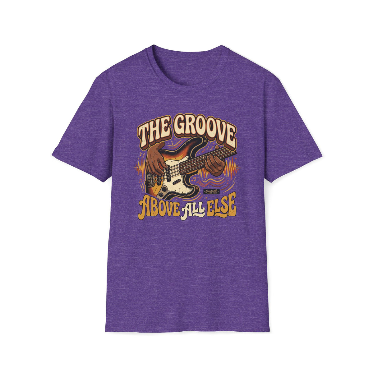 Heather purple The Groove Above All Else T-shirt with hands playing a sunburst bass with flowing rhythm lines.