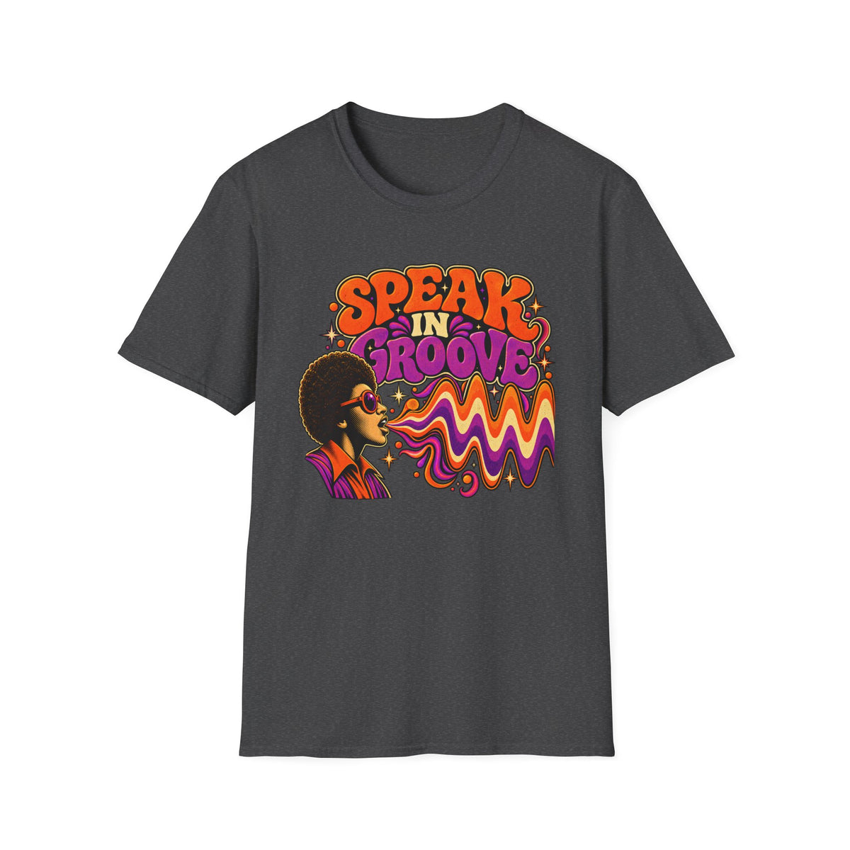 Dark heather gray Speak in Groove T-shirt with a sunglasses portrait and colorful sound waves.