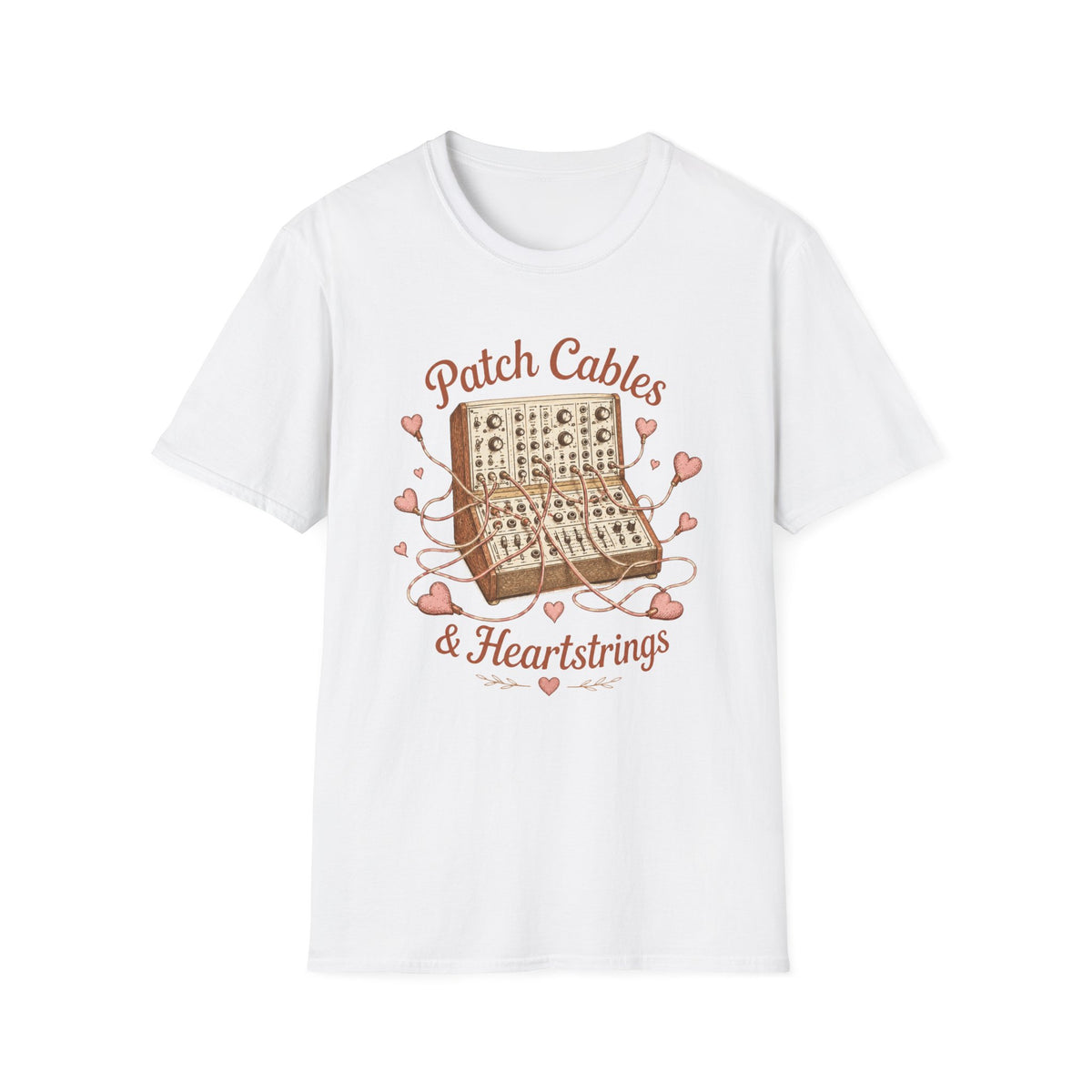 White Patch Cables & Heartstrings T-shirt with a modular synthesizer wrapped in heart-shaped cables.