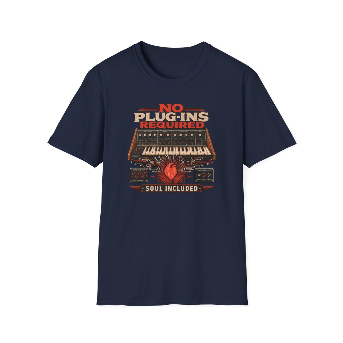 Navy No Plug-Ins Required T-shirt with vintage analog synthesizer, heart circuitry, and Soul Included artwork