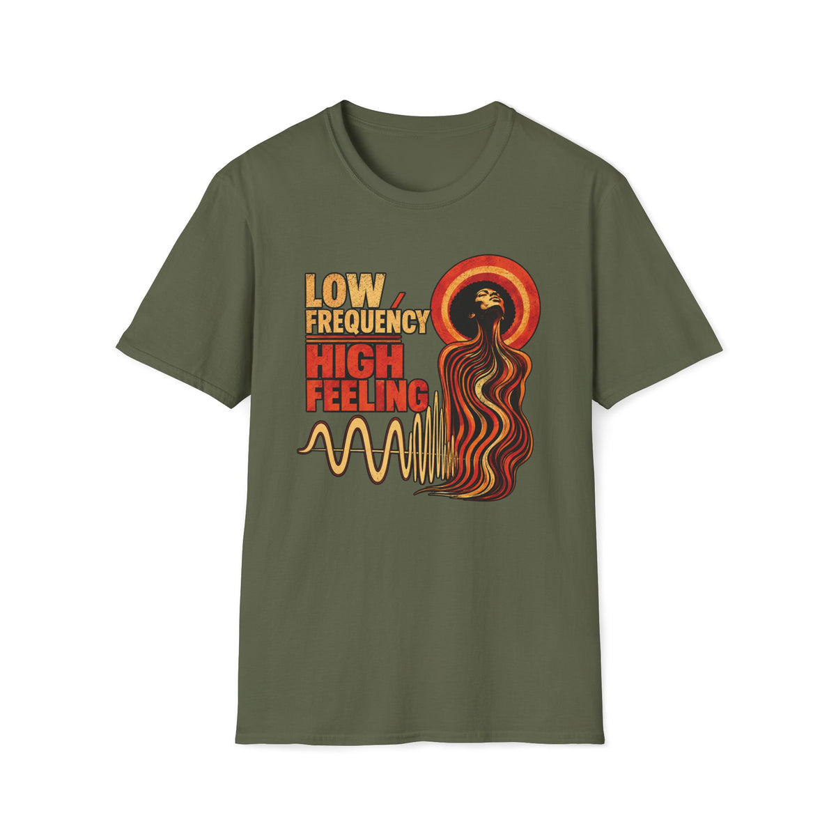 Military green Low Frequency High Feeling T-shirt with a soulful figure, halo, and gold waveform.