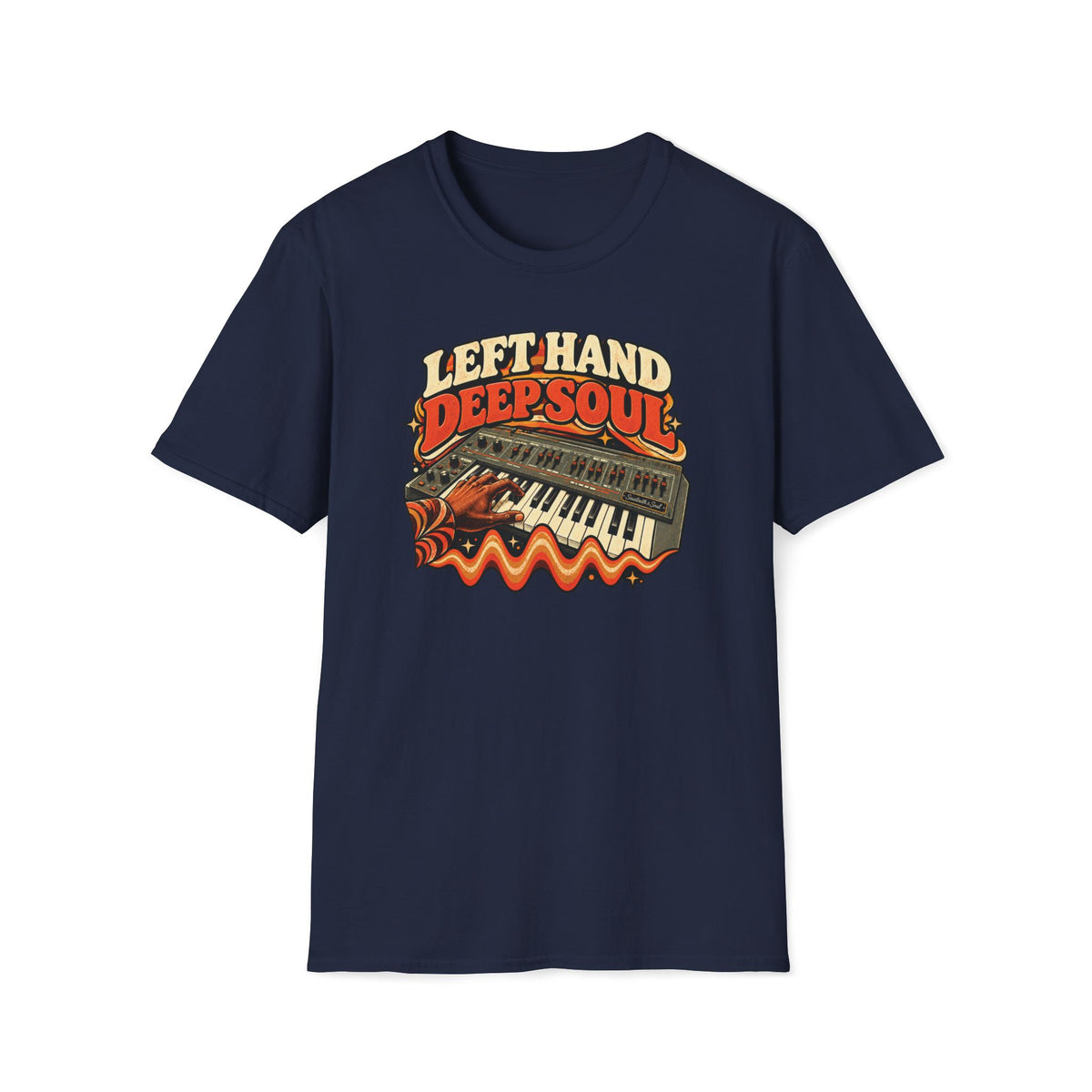 Navy Left Hand Deep Soul T-shirt with a hand playing synthesizer keys above a bass waveform.