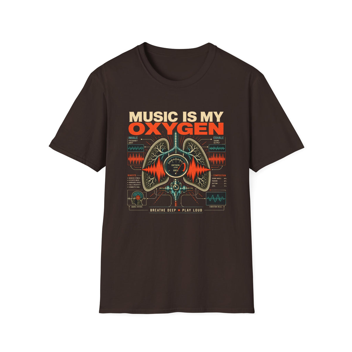 Dark brown Music Is My Oxygen T-shirt with anatomical lungs, waveforms, and vintage audio details.
