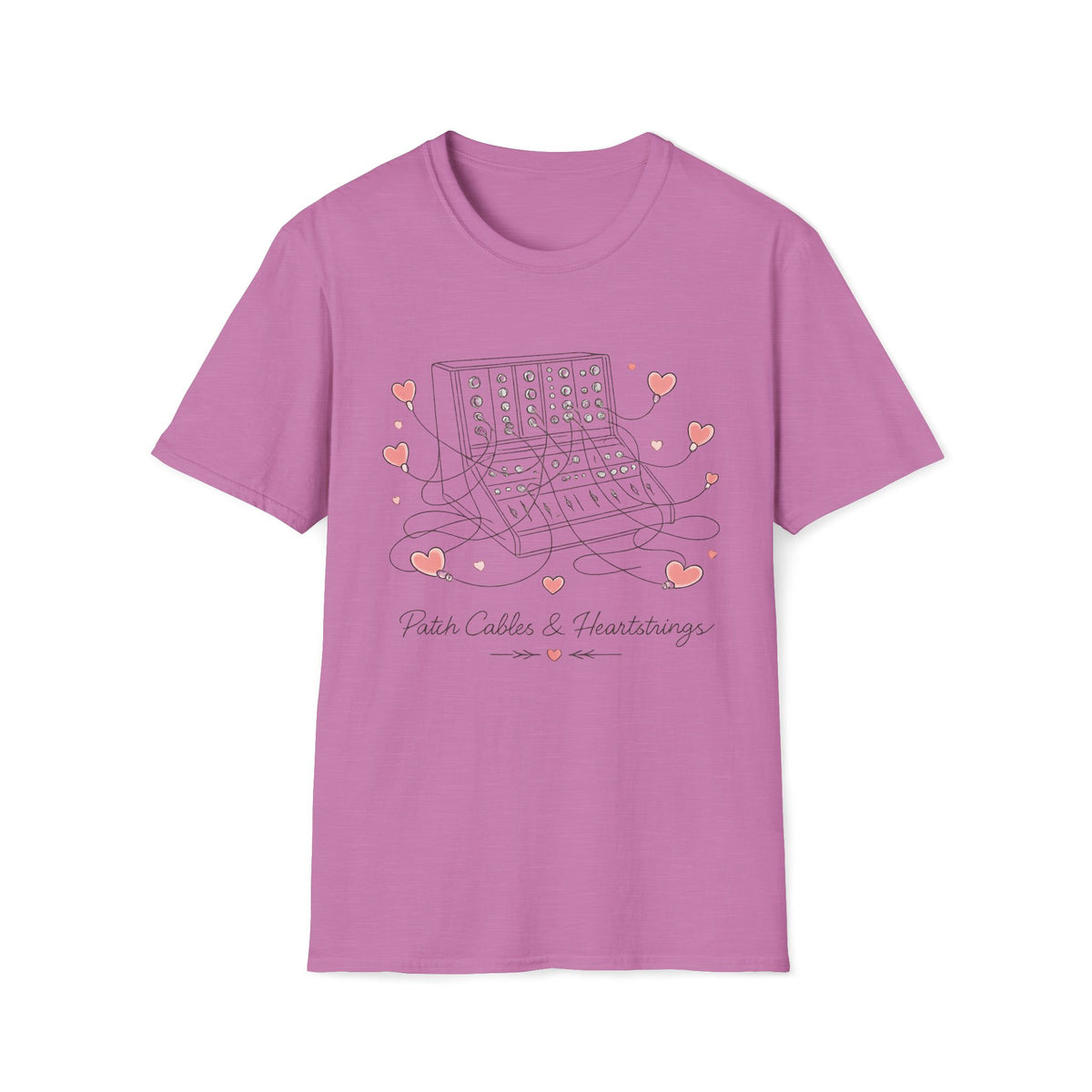 Heather radiant orchid Pastel Patch Cables & Heartstrings T-shirt with a synthesizer with pastel heart-shaped cables.