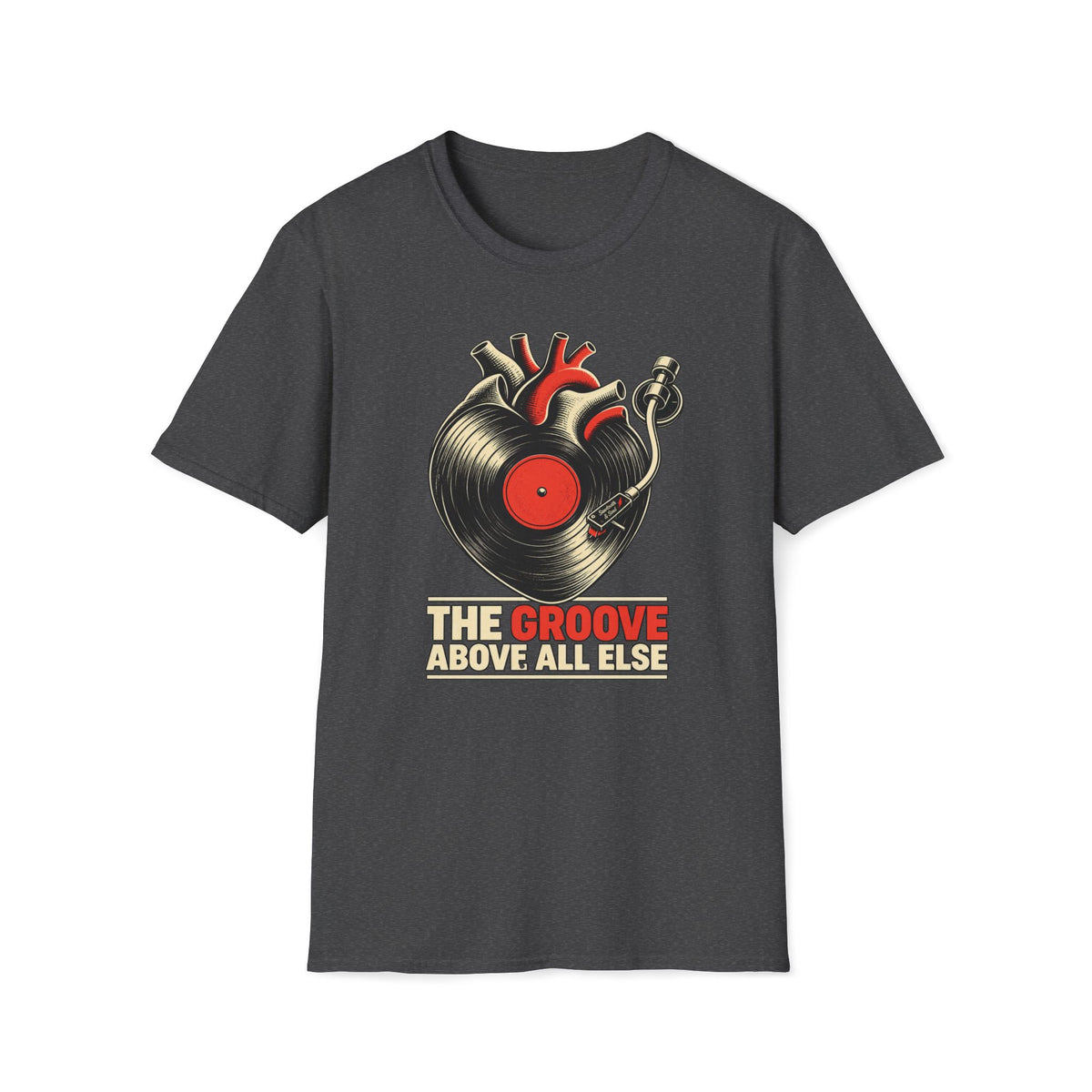 Dark heather gray The Groove Above All Else T-shirt with an anatomical heart merged with a vinyl record and tonearm.