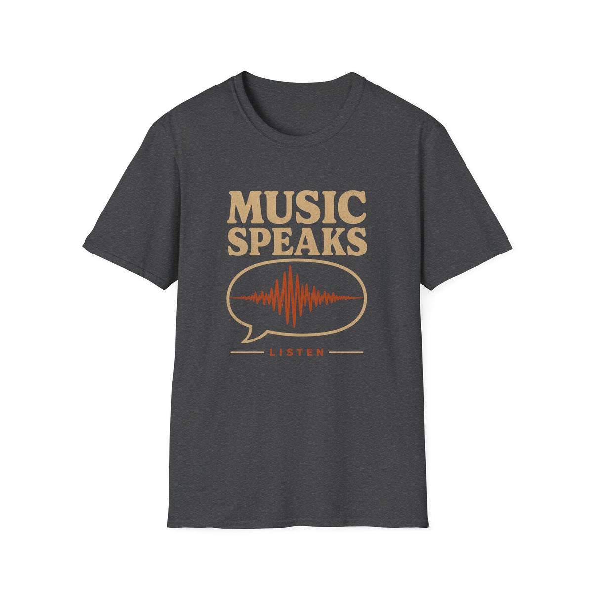 Dark heather gray Music Speaks T-shirt with a waveform inside a speech bubble.