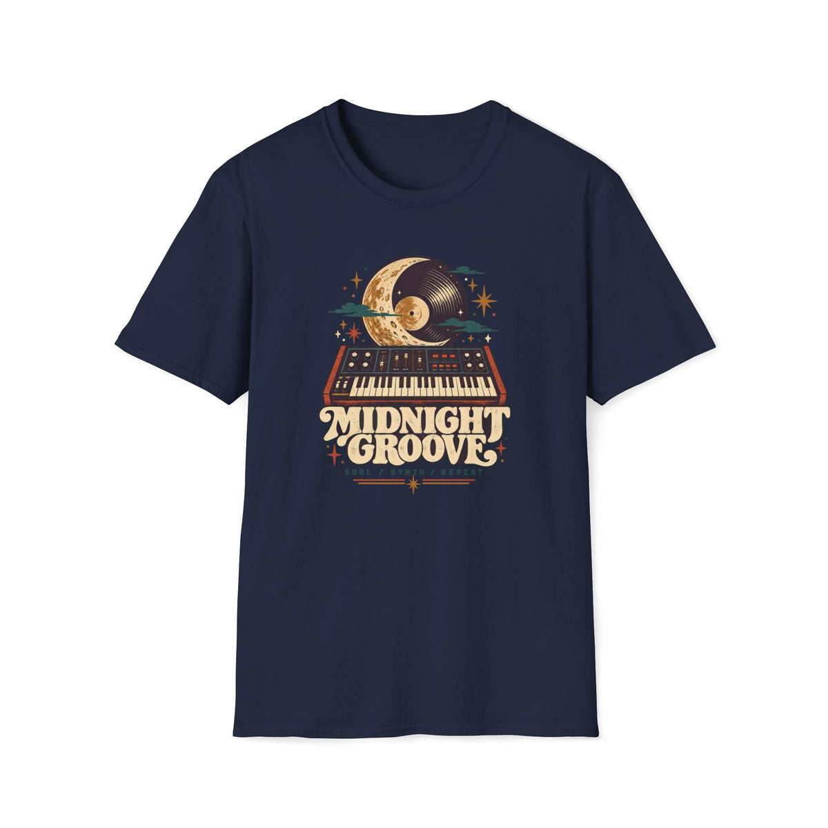 Navy Midnight Groove T-shirt with a synthesizer below a crescent moon and vinyl record.