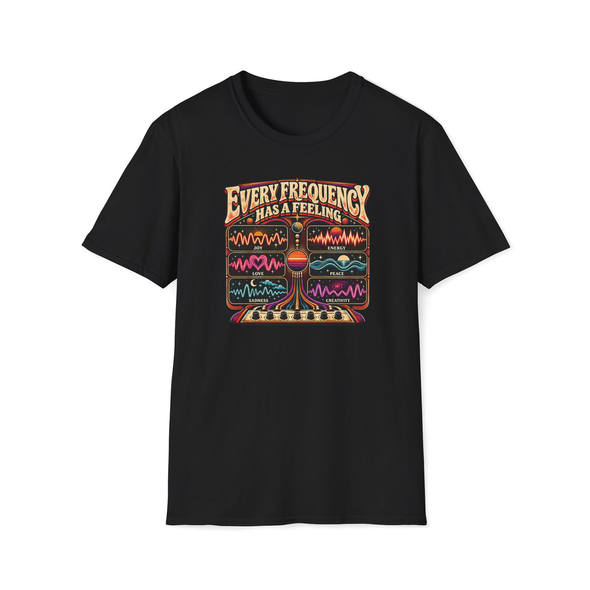 Black Every Frequency Has a Feeling T-shirt with six colorful emotion waveforms above analog controls.