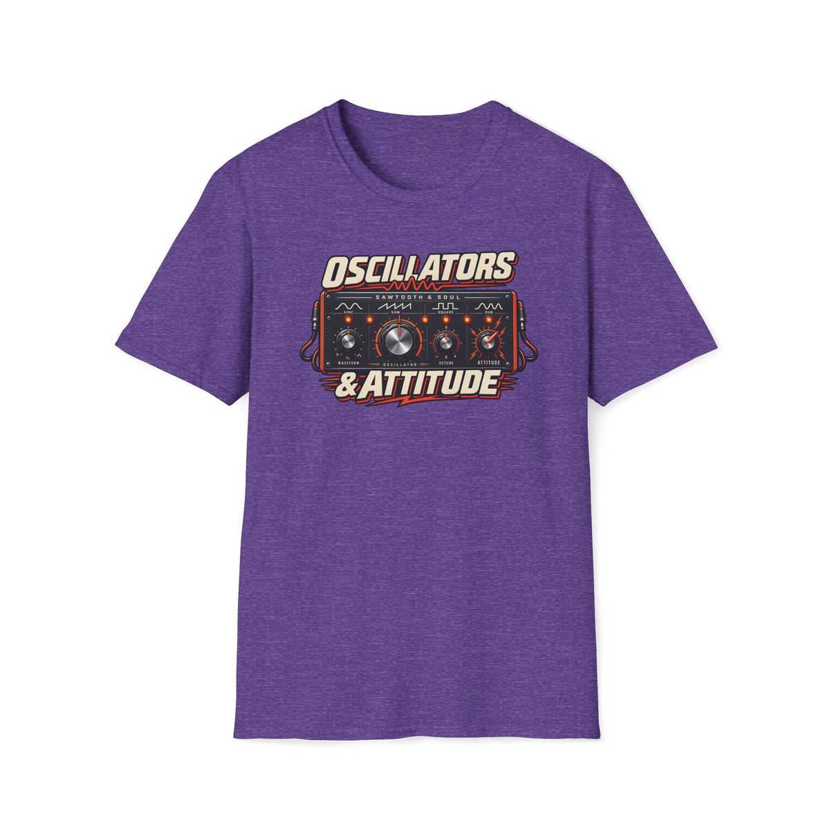 Heather purple Oscillators and Attitude T-shirt with a vintage synth panel with knobs and orange indicators.