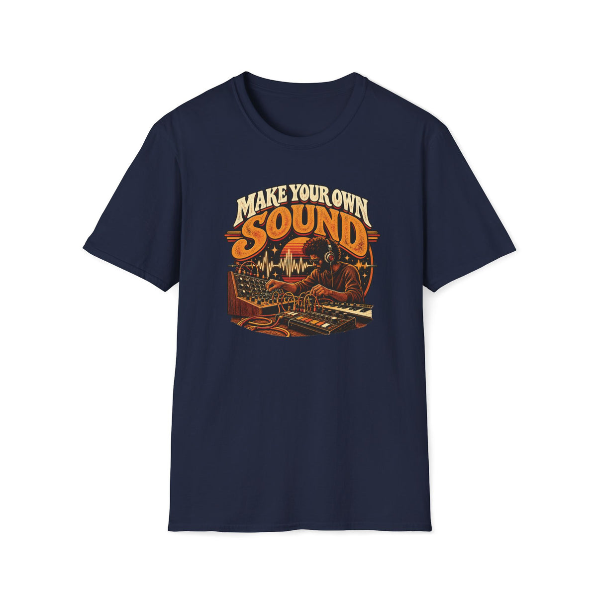 Navy Make Your Own Sound T-shirt with a musician working with synthesizers and patch cables.