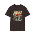 Dark brown Made for Music T-shirt with a musician following a piano-key path toward a sunset.