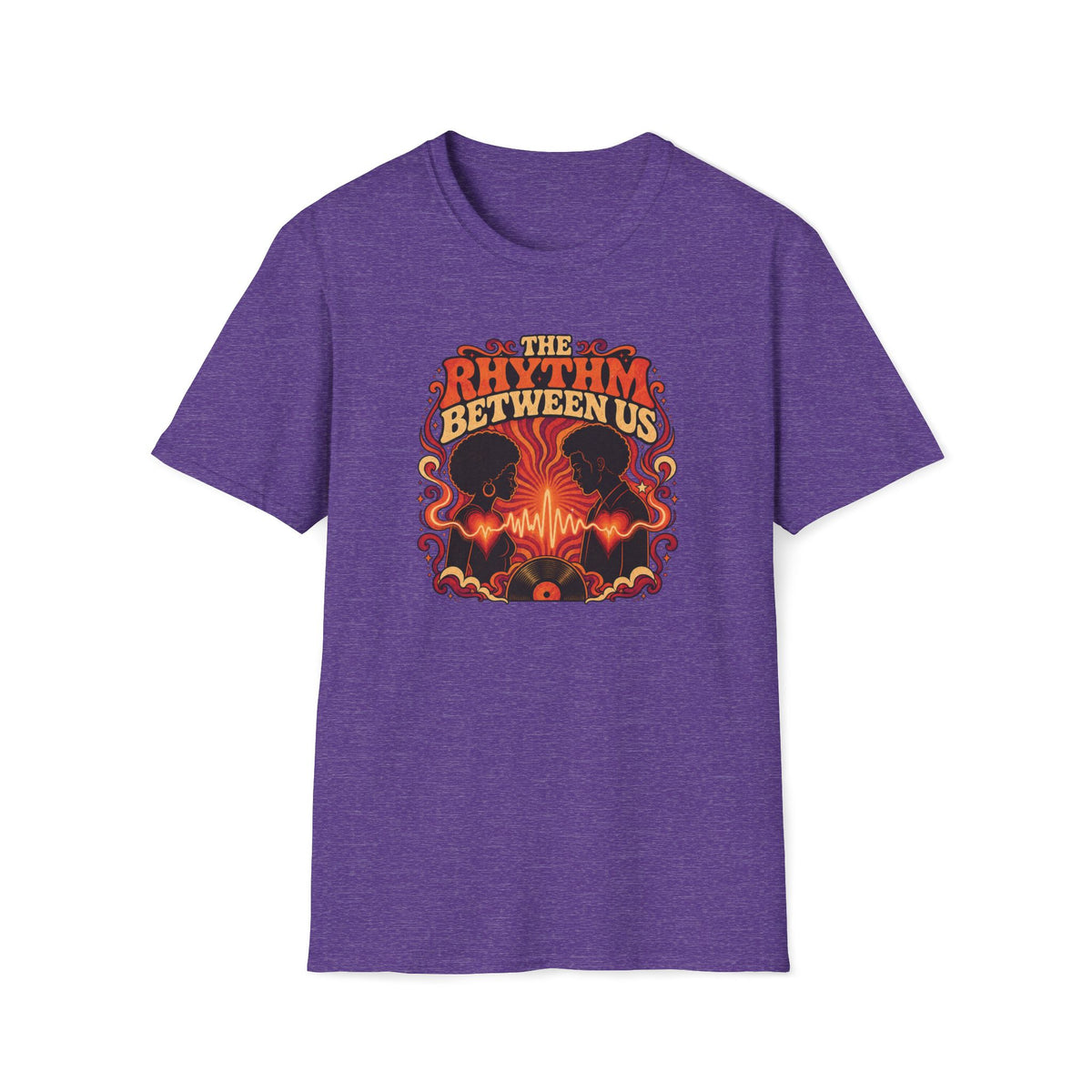 Heather purple The Rhythm Between Us T-shirt with two facing portraits, glowing hearts, and a vinyl record.