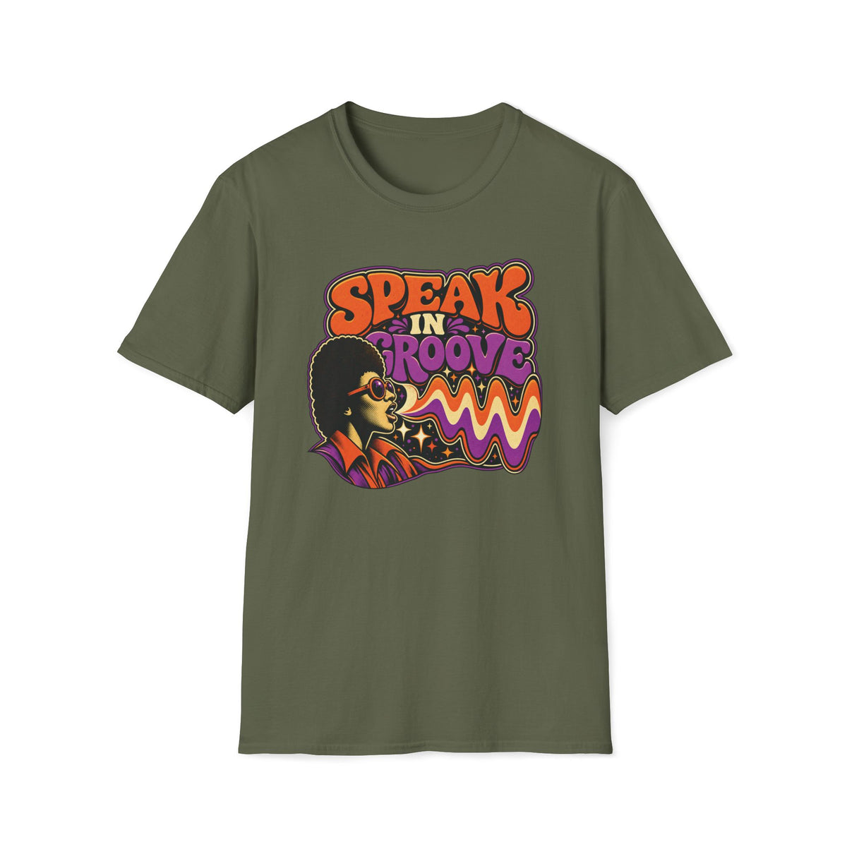 Military green Speak in Groove T-shirt with a round-sunglasses portrait with orange and purple waves.