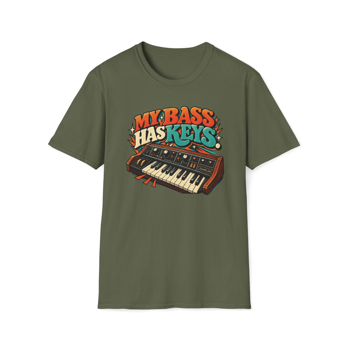 Military green My Bass Has Keys T-shirt with a wood-sided synthesizer with cream keys and teal accents.