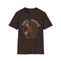 Dark brown Vinyl + Voltage T-shirt with a vinyl record merged with synthesizer circuitry.