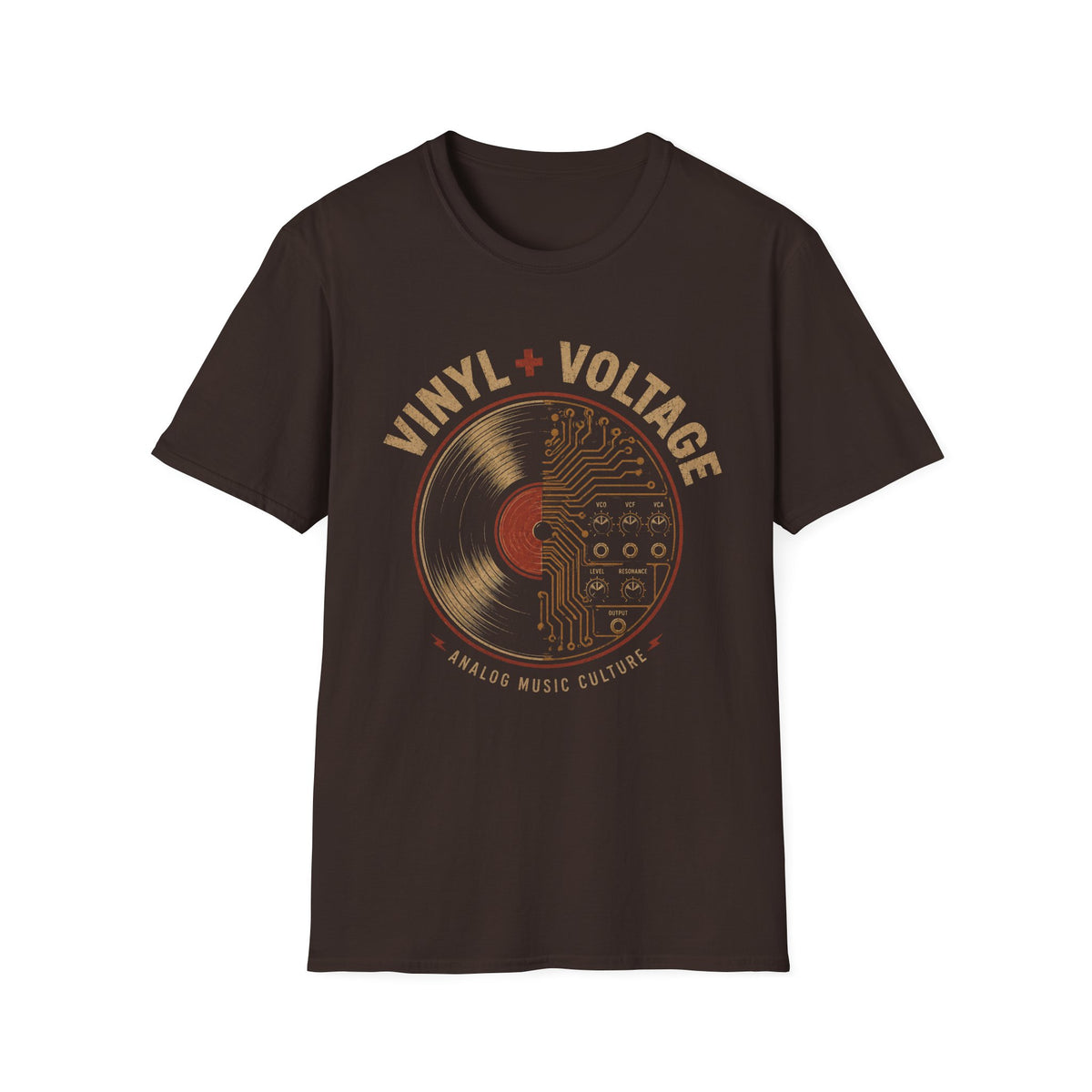 Dark brown Vinyl + Voltage T-shirt with a vinyl record merged with synthesizer circuitry.