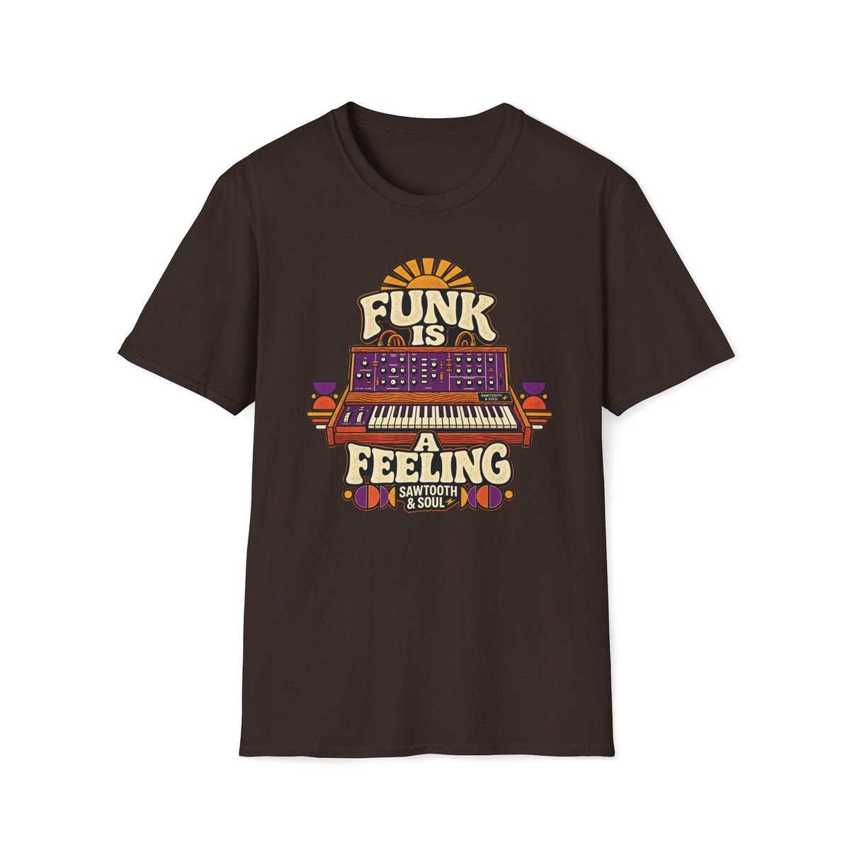 Dark brown Funk Is a Feeling T-shirt with a vintage synthesizer and warm geometric accents.