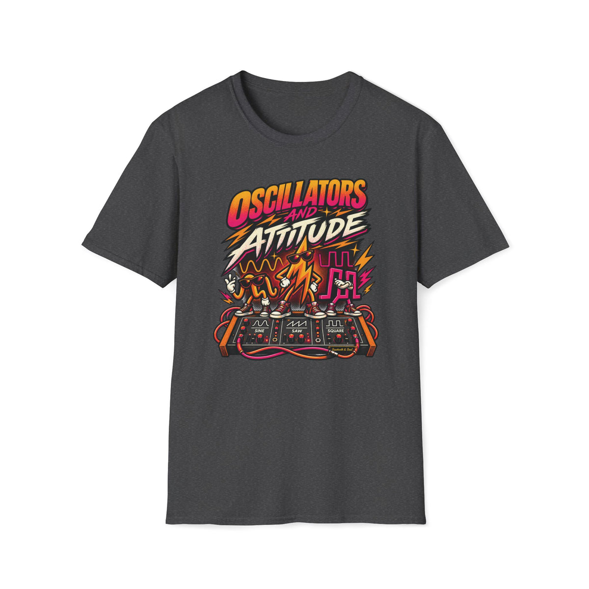 Dark heather gray Oscillators and Attitude T-shirt with sine, saw, and square wave characters on a synth panel.