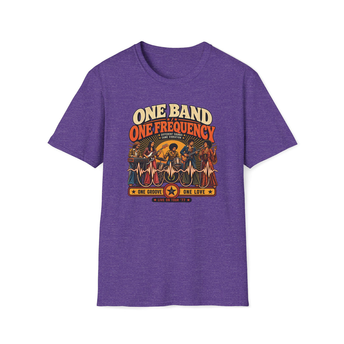 Heather purple One Band One Frequency T-shirt with five performers linked by a flowing waveform.