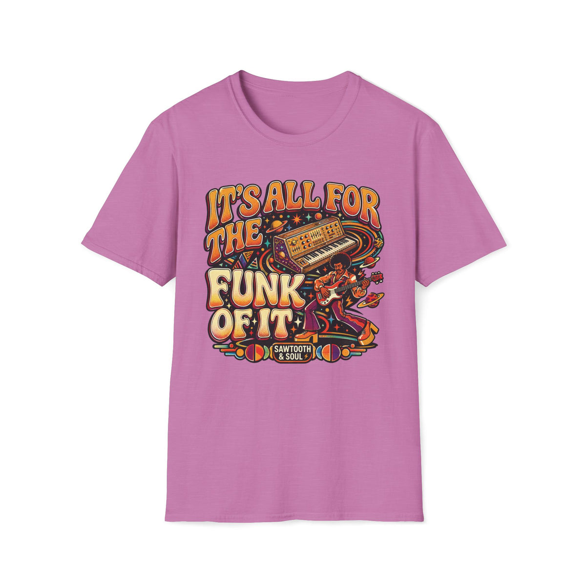 Heather radiant orchid It’s All for the Funk of It T-shirt with a bass guitarist, synthesizer, and orbiting planets.
