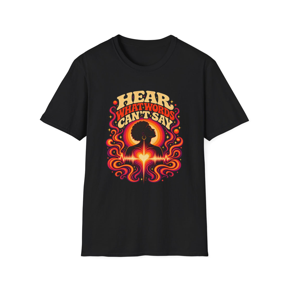 Black Hear What Words Can’t Say T-shirt with an Afro profile, glowing heart, and flowing ribbons.