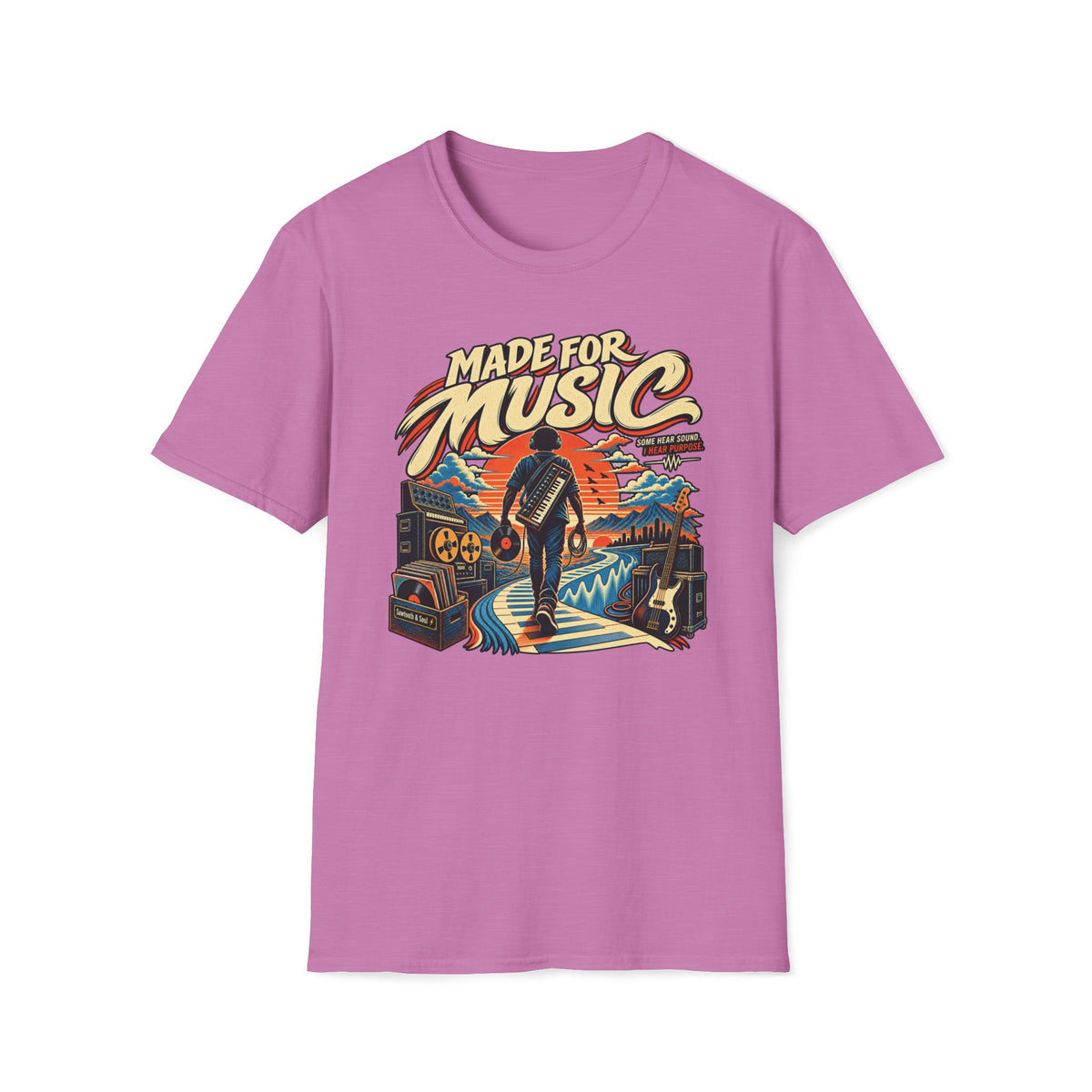 Heather radiant orchid Made for Music T-shirt with a musician following a piano-key path toward a sunset.