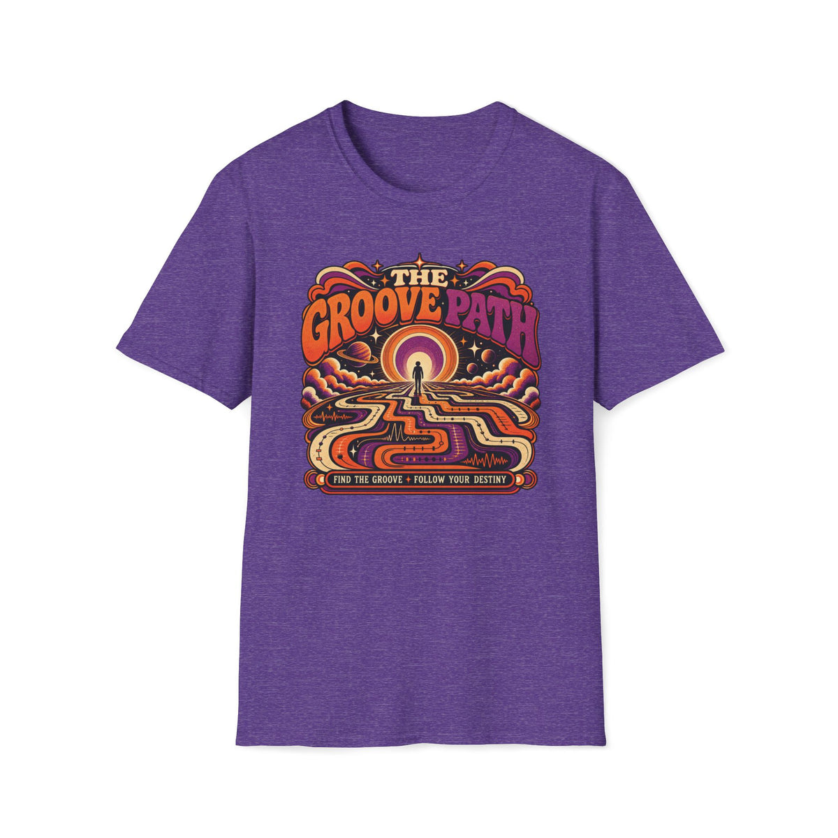 Heather purple The Groove Path T-shirt with a traveler on a winding waveform path toward a cosmic horizon.